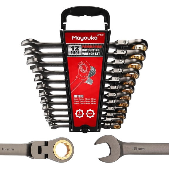 Mayouko 12PCS Metric Flex Head Ratcheting Wrench Set, 8-19mm, 72-Tooth, Ratchet Combination Wrenches Set with Portable Organizer, Chrome Vanadium Steel