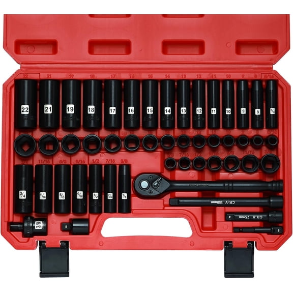 Mayouko 50-Piece 3/8" Drive Impact Socket Set, SAE (5/16"-3/4") & Metric (8-22mm), Deep & Shallow 6 Point CR-V Sockets, 72-Tooth Ratchet Wrench, Extension Bars, Universal Joint, Storage Case