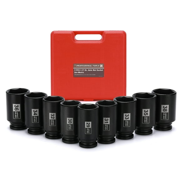 Mayouko 9PCS 1/2 Inch Drive Deep Impact Socket Set, 29-38MM, Spindle Axle Nut Sockets, Metric, Deep, 6-Point, CR-MO
