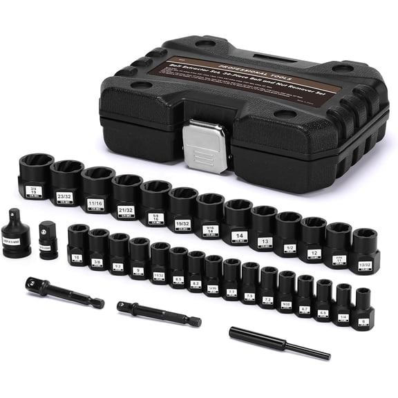 Mayouko Bolt Extractor Set, 34-Piece Bolt and Nut Remover Set, 1/4"&3/8" Drive Remover Tool with Adapters, CR-MO Steel Bolt Extractor Set for Removing Damaged Rusted Bolts, Nuts and Screws