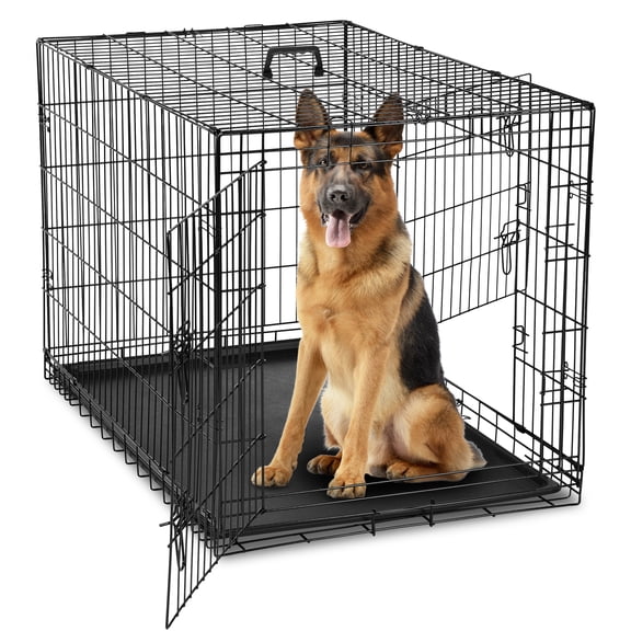 Mayoume 42 Inch Large Double Door Dog Cage with Divider Panel and Plastic Leak-Proof Pan Tray, Folding Metal Wire Pet Kennel for Indoor, Outdoor, Travel