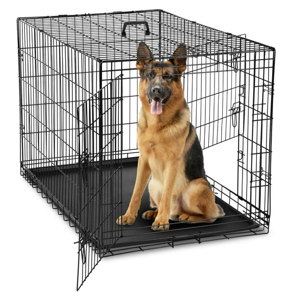Mayoume 42 Inch Large Double Door Dog Cage with Divider Panel and Plastic Leak-Proof Pan Tray, Folding Metal Wire Pet Kennel for Indoor, Outdoor, Travel