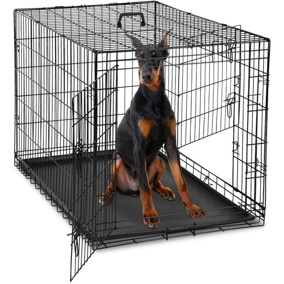 Mayoume 48 Inch Extra Large Double Door Dog Cage with Divider Panel and Plastic Leak-Proof Pan Tray, Folding Metal Wire Pet Kennel for Indoor, Outdoor, Travel