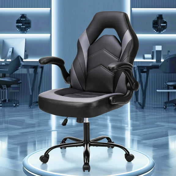 Mayoume Computer Gaming Chair - Ergonomic PU Leather Desk Chair with Comfy Lumbar Support, Height Adjustable 360° Rolling with Flip-up Armrest, for Home and Office, Adults