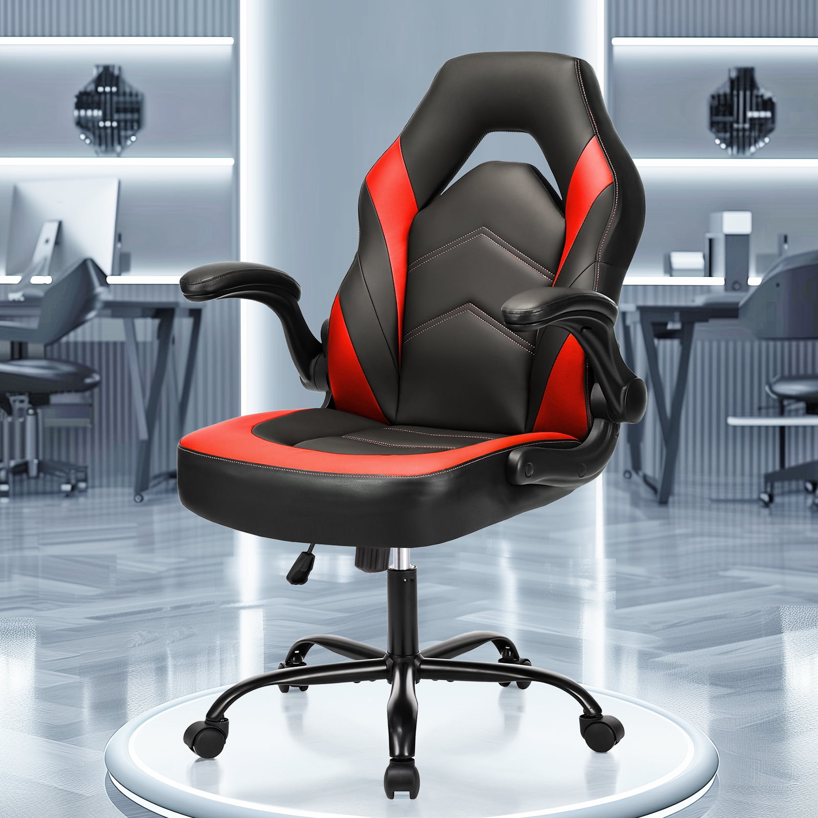 Mayoume Computer Gaming Chair - Ergonomic PU Leather Desk Chair with Comfy Lumbar Support, Height Adjustable 360° Rolling with Flip-up Armrest, for Home and Office, Adults
