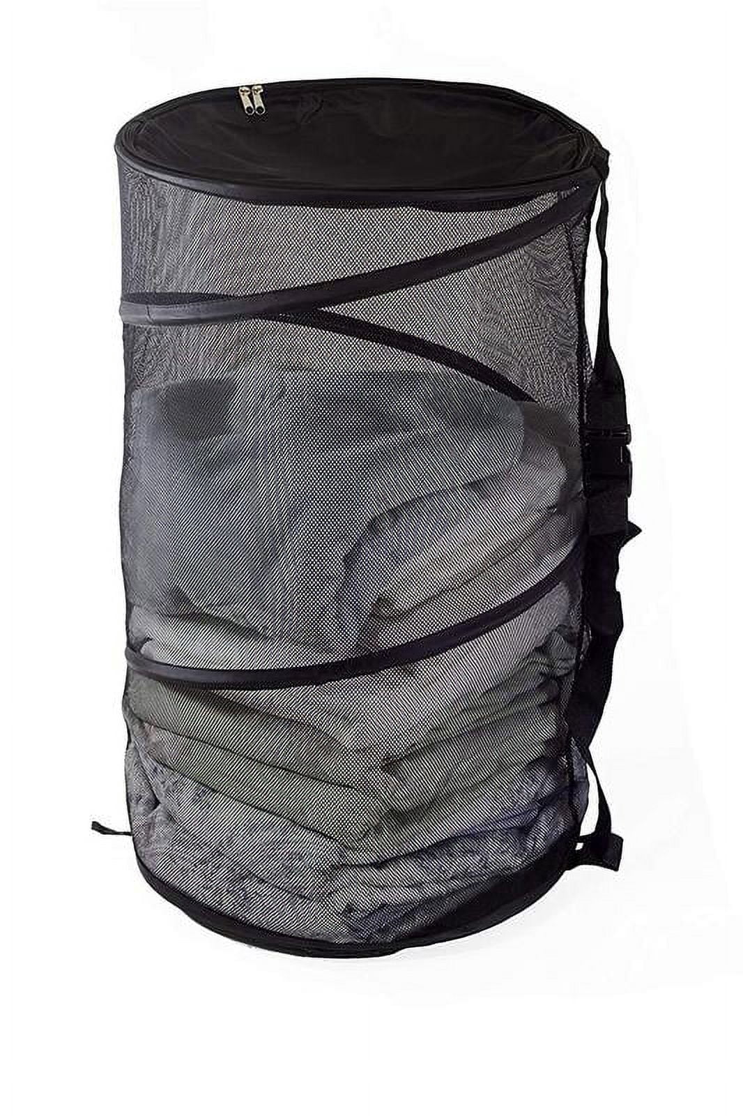 Maypes Collapsible Wire Mesh Laundry Hamper, Zippered Top, Storage Bag with Straps, Tall Organizer, 29x18x18 In, Black