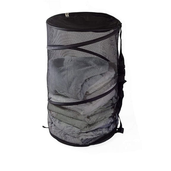 Maypes Collapsible Wire Mesh Laundry Hamper, Zippered Top, Storage Bag with Straps, Tall Organizer, 29x18x18 In, Black