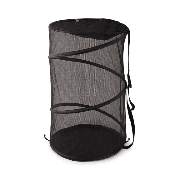 Maypes Collapsible Wire Mesh Laundry Hamper, Zippered Top, Storage Bag with Straps, Tall Organizer, 29x18x18 In, Black