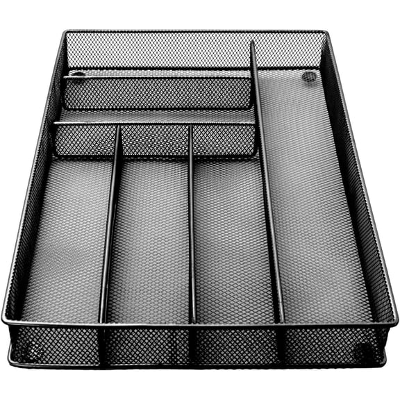 Maypes Kitchen Drawer Organizer Tray, 6 Compartment Silverware Caddy Holder with Slip-Resistant Pads, Black