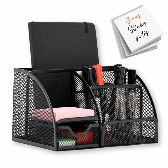 Maypes Mesh Desk Organizer - Office Accessories with Sticky Notes, 6 Compartments & Drawer, Pen Holder for Home, School