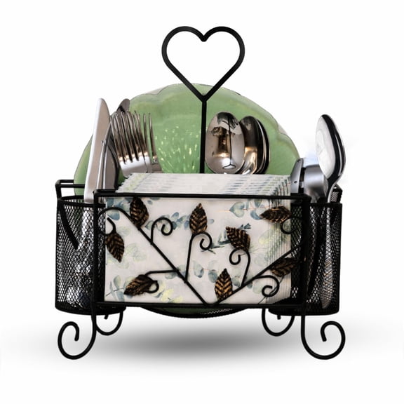 Maypes Utensil Caddy and Plate Holder Organizer, Metal, 2-in-1 Flatware, Silverware, and Napkin Storage