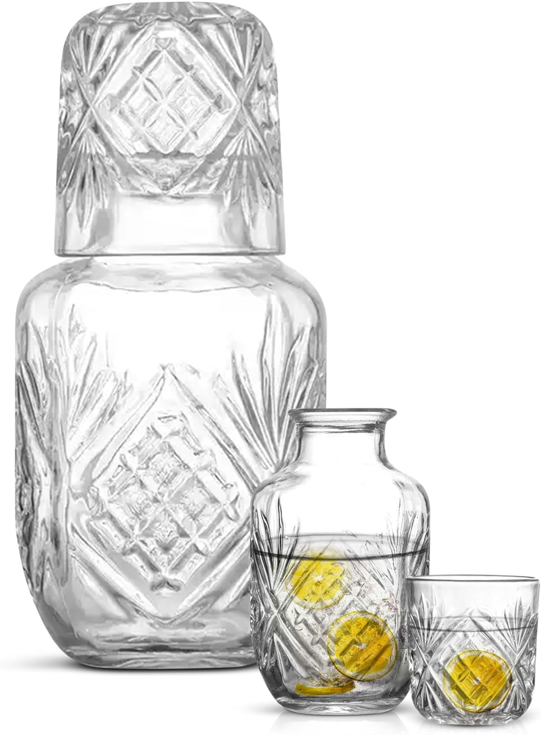 Maypes Bedside Glass Water Carafe and Glass Set, Drink Pitcher with Lid for Water, Juice, Smoothies