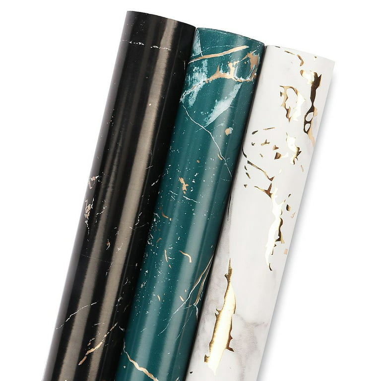 MAYPLUSS Gift Wrapping Paper Roll - 3 Different Black Gold Stripe