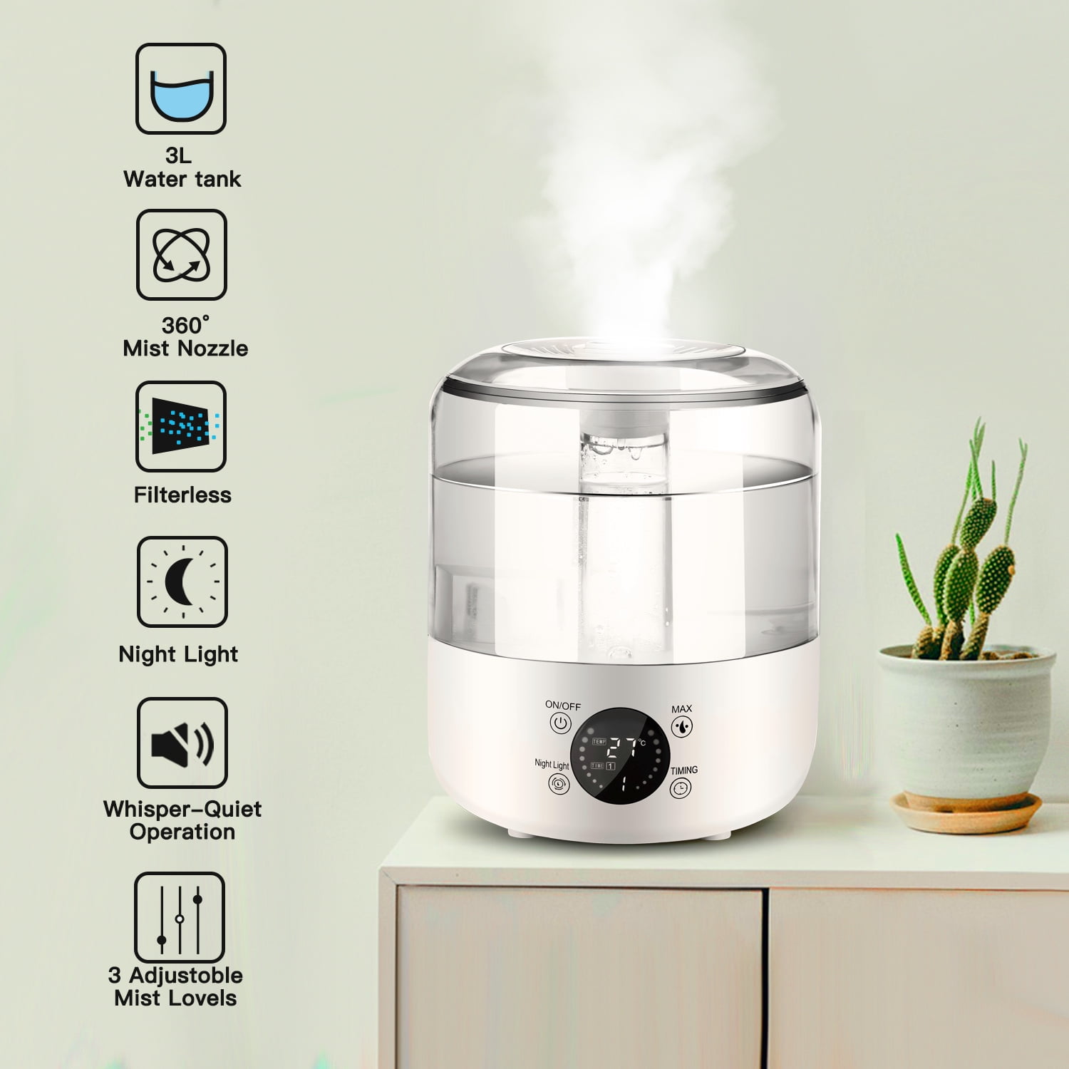 Maypott 3L Humidity Vaporizer Quiet Air Humidifier with LED Touch