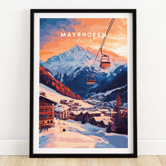 Mayrhofen Ski Print Austria Sunset Scene Framed or Unframed