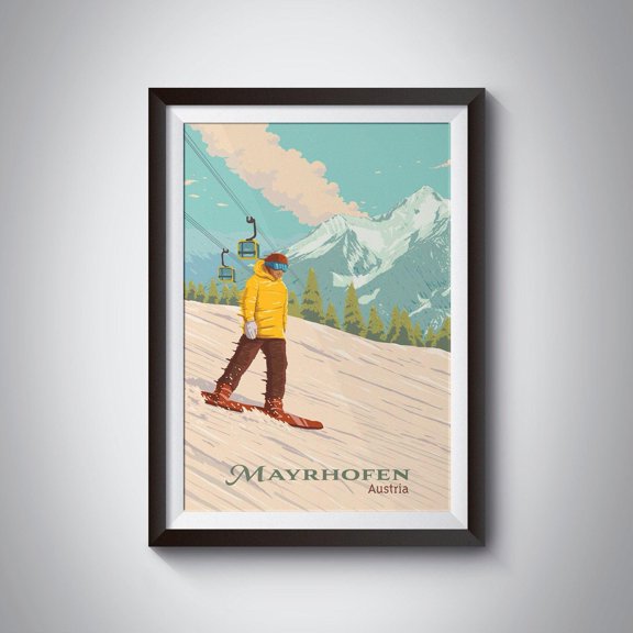 Mayrhofen Snowboarding Tyrol Austria Skiing Mountains Zillertal Valley Alps Season Resort Tirol Art Poster , Poster Print Only