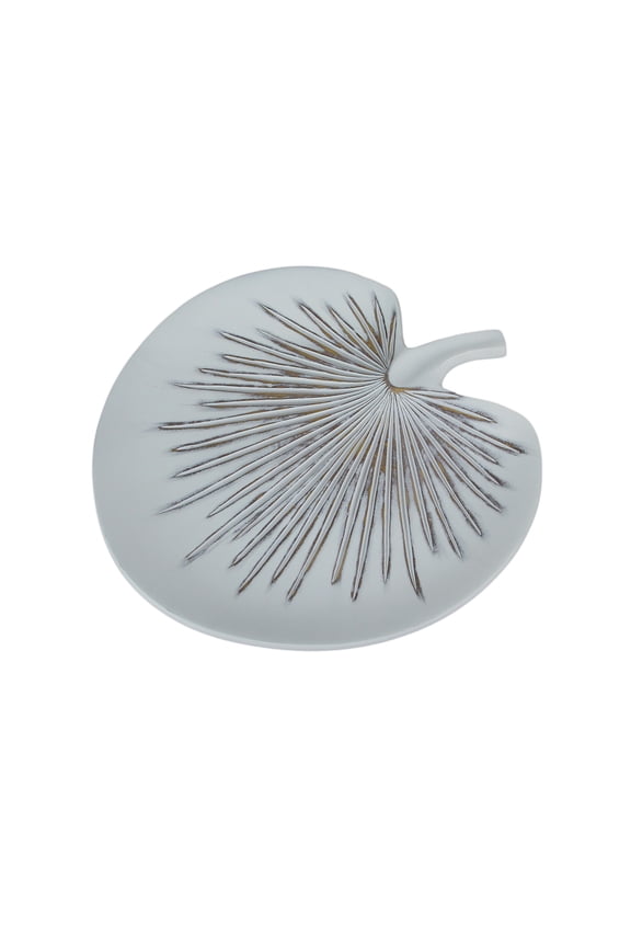 Antiqued White Tropical Fan Palm Leaf Decorative Ceramic Plate