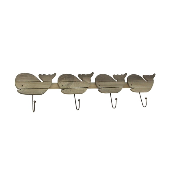 Mayrich Distressed Wood Whale 4 Hook Hanging Wall Rack 28 inches Long