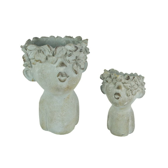 Mayrich Pair of Kissing Face Gray Concrete Head Planters Small and Large