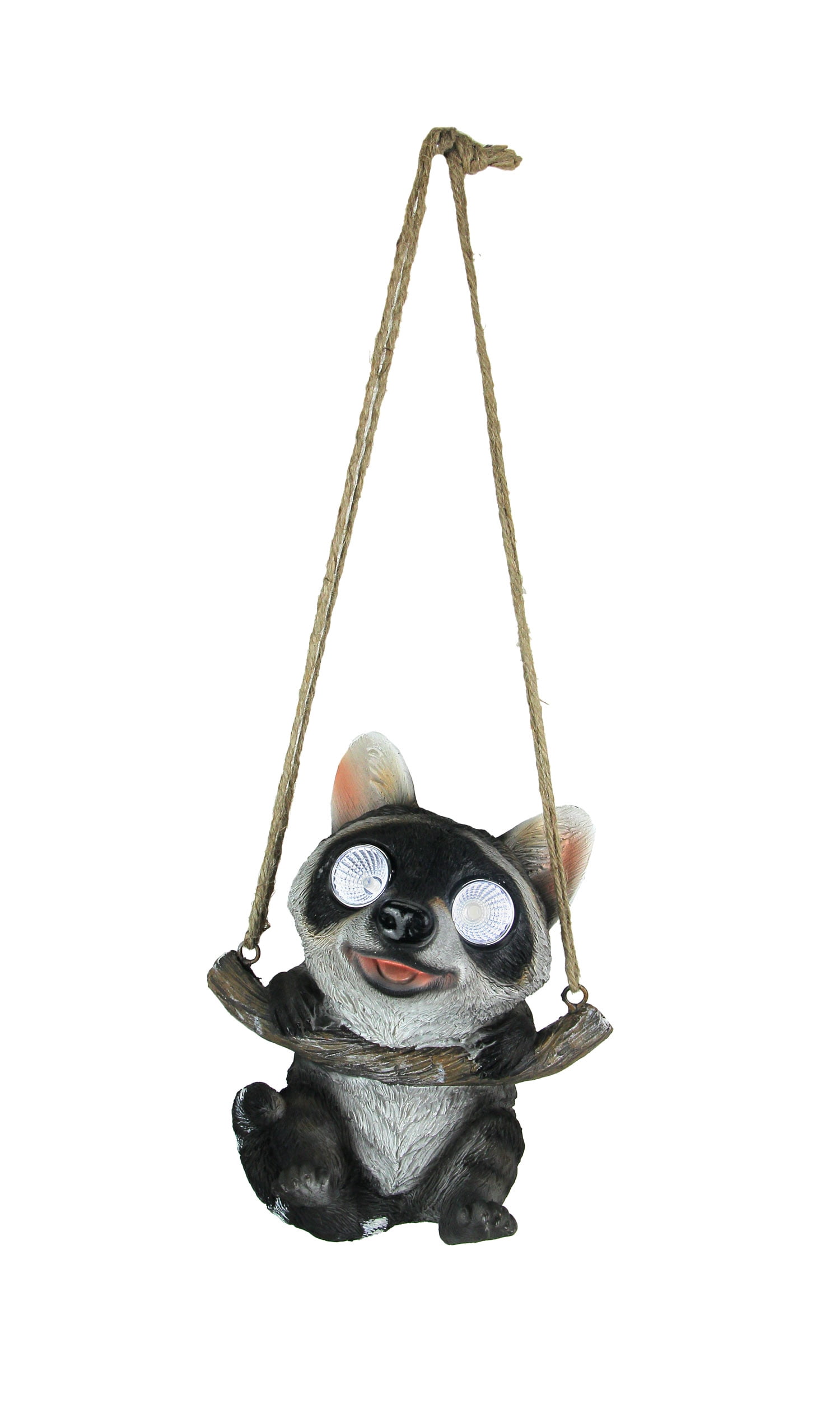 Hanging Black and Gray Resin Raccoon Garden Statue with LED Eyes