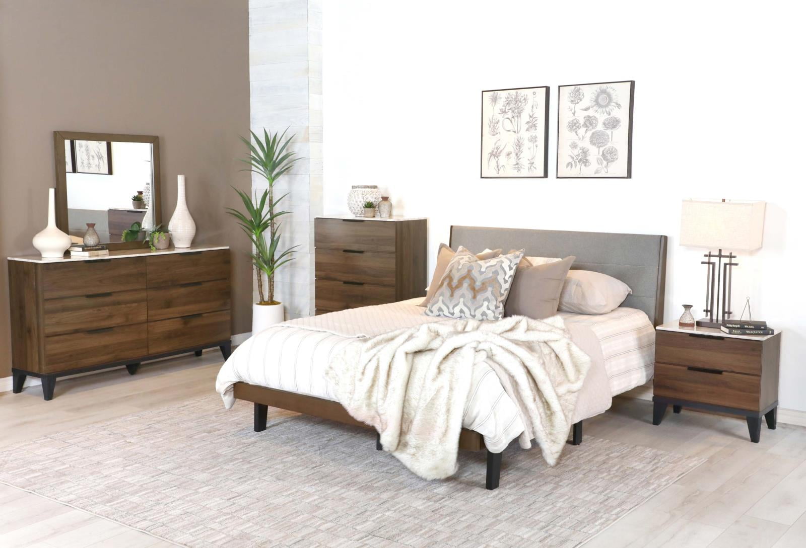 Mays 5piece Upholstered Queen Bedroom Set Walnut Brown and Grey