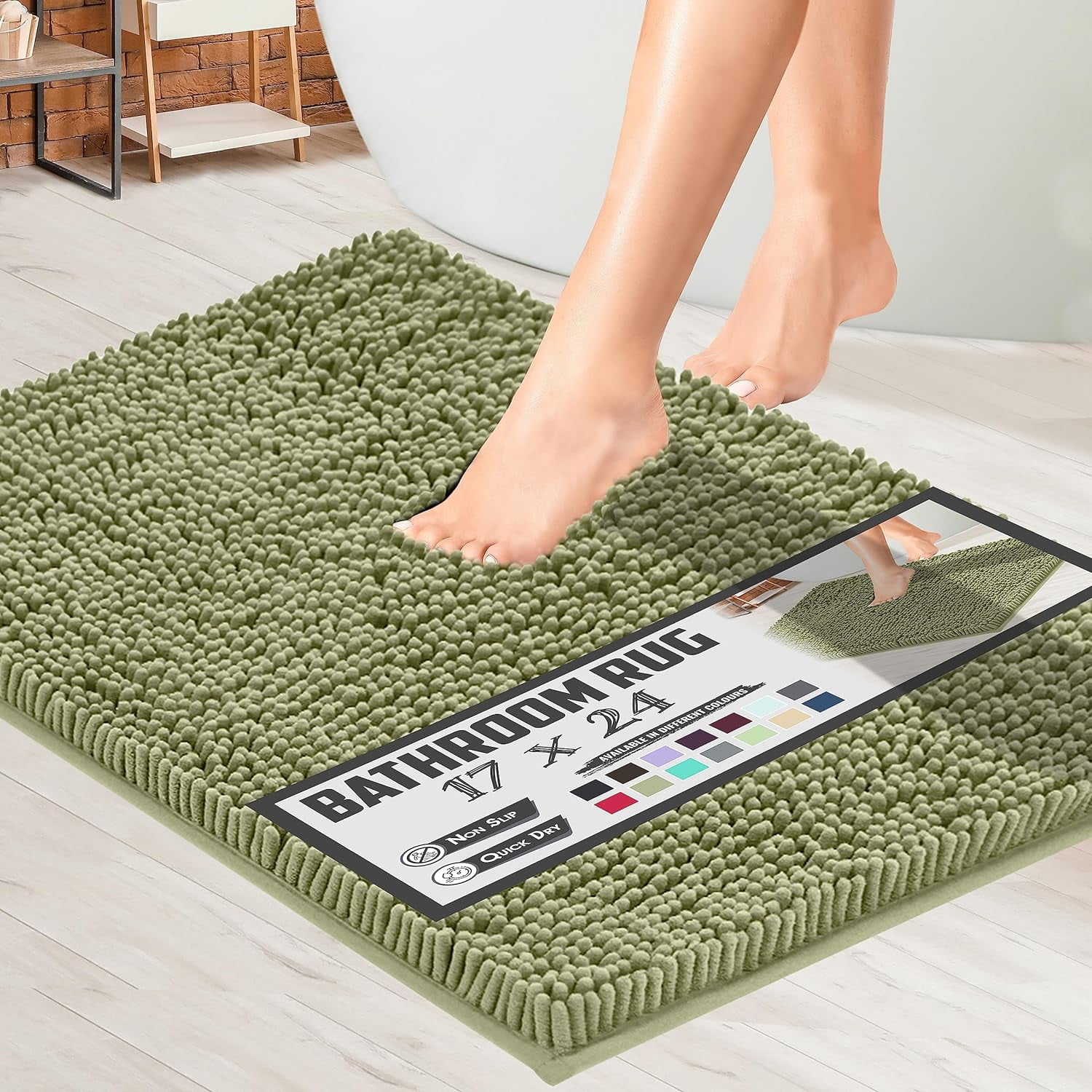 Mayshine NonSlip Thick Microfiber Soft Sage Green Chenille Bath Mat