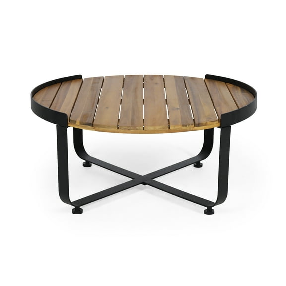 Mayson Outdoor Modern Industrial Acacia Wood Coffee Table, Teak, Black