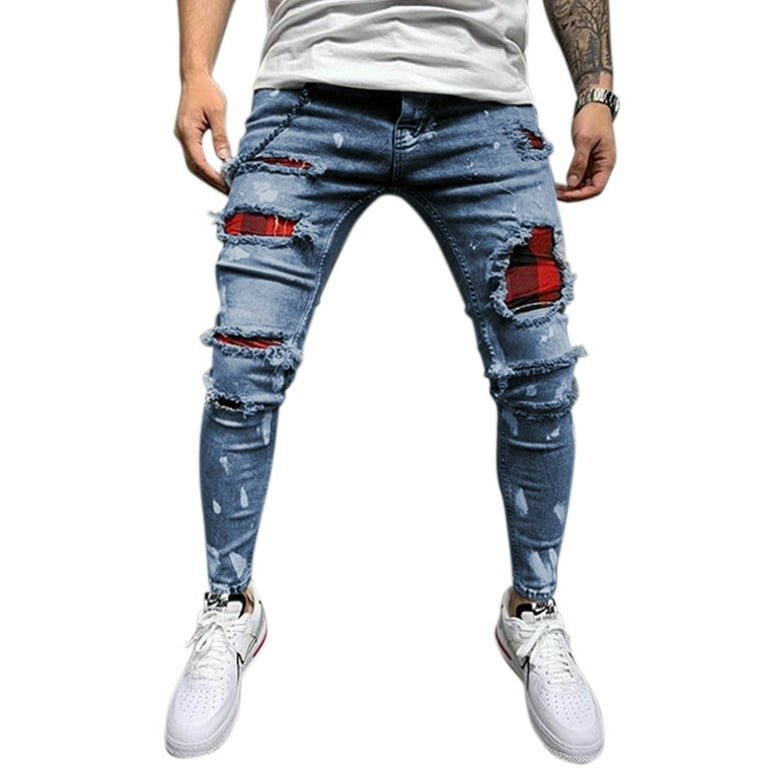 Men's Skinny Jeans Destroyed Frayed Slim Fit Denim Workwear