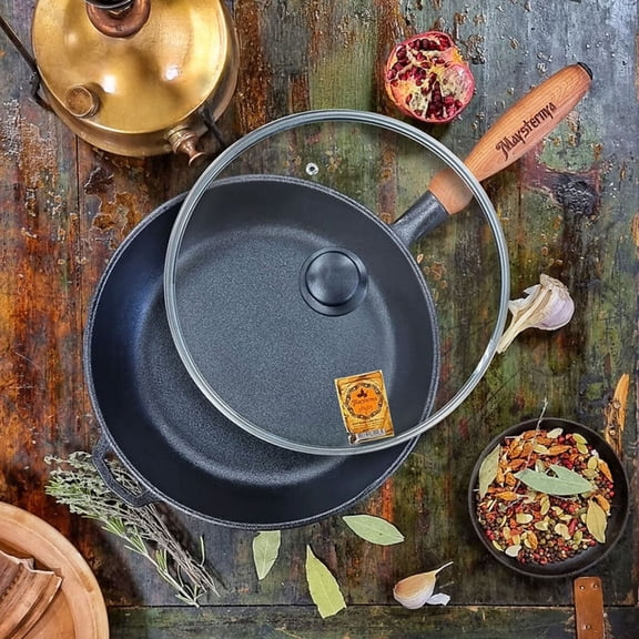 Maysternya Cast Iron Frying Pan with Wooden Handle and Glass Lid 11" (28 cm) Cast Iron Skillet Pan Brazier Cooking Pan Kitchen Pan Cookware Frypan with Lid Camping Indoor and Outdoor Cooking