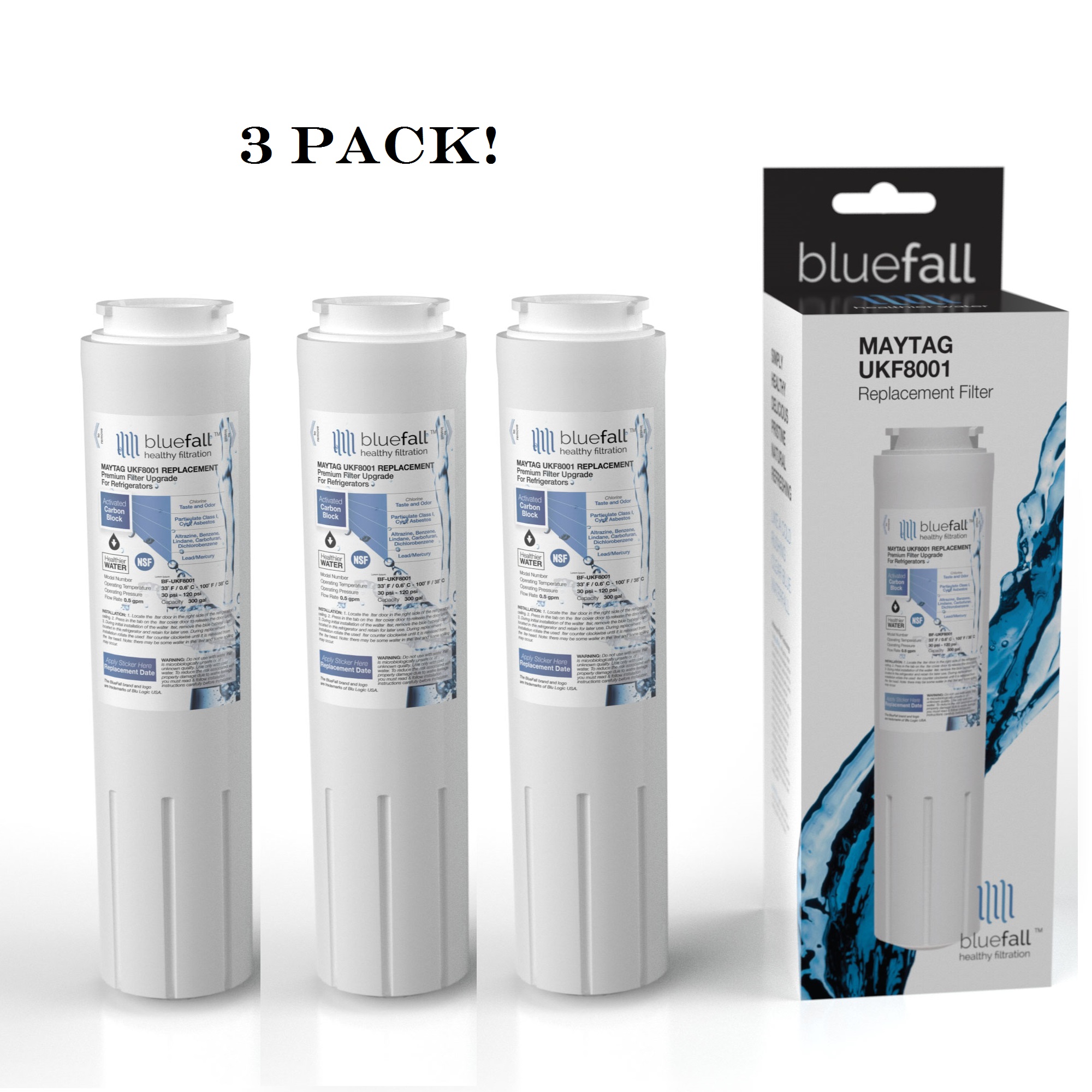 Maytag UKF8001 Refrigerator Water Filter. Compatible Replacement Refrigerator Water Filter for Maytag UKF8001 by Bluefall - VALUE PACK 3 - image 1 of 6