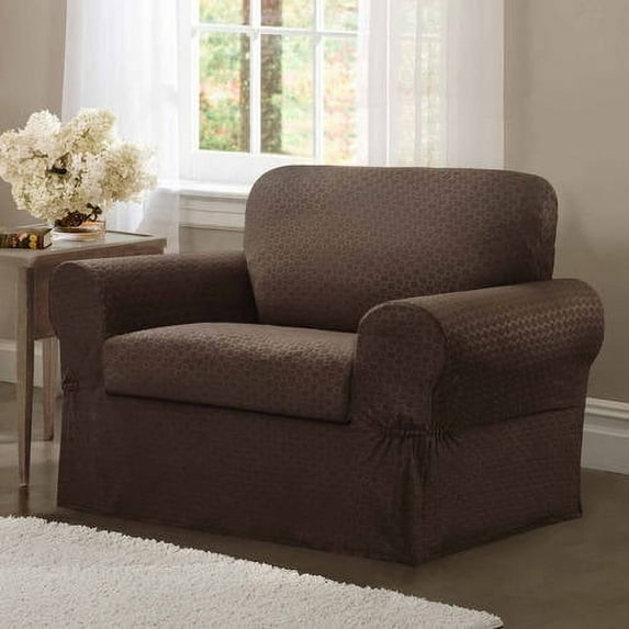 Maytex Geometric Square Patterned 2-Piece Chair Stretch Slipcover, Chocolate