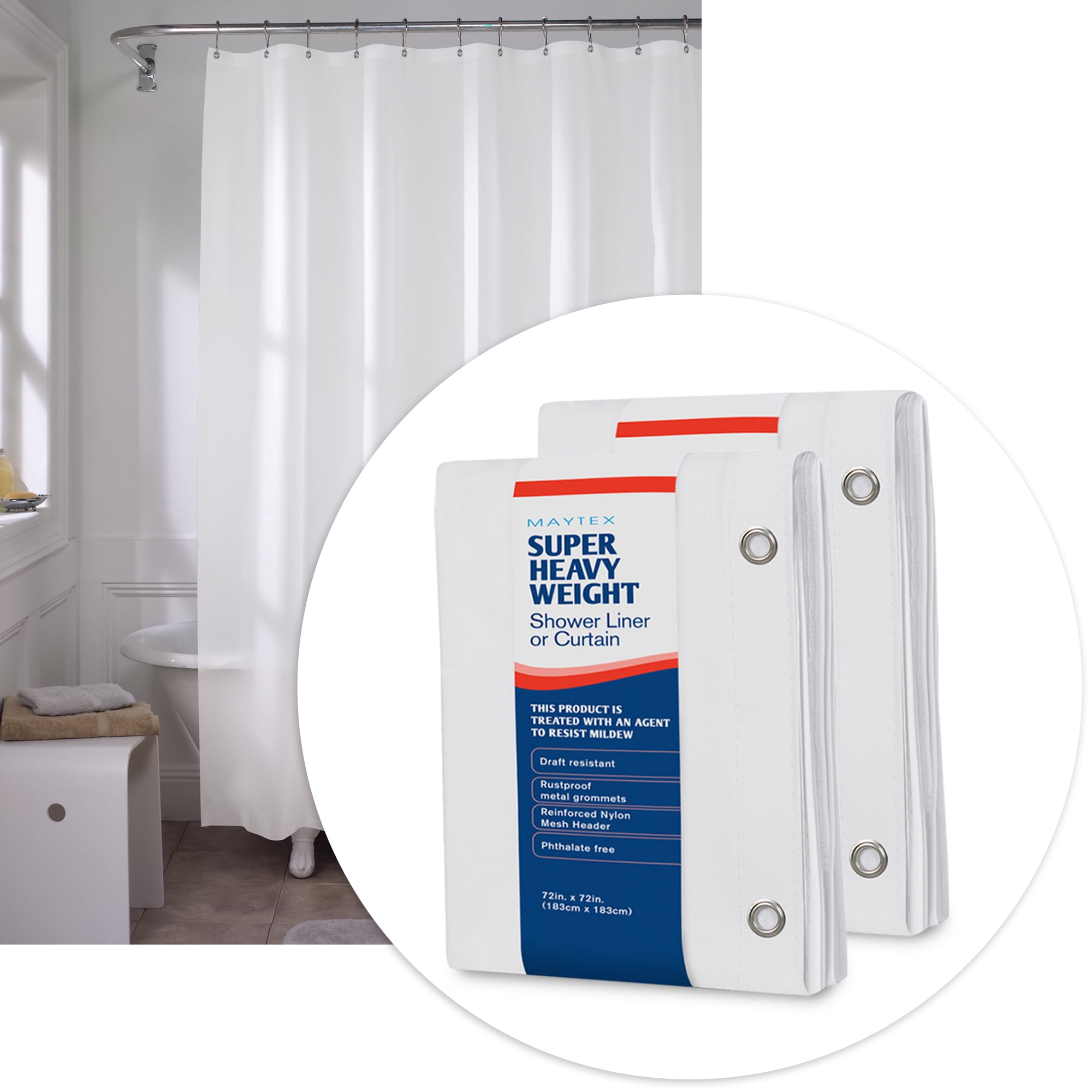 Maytex Super Heavyweight White Vinyl Shower Liner, 72" x 72", Set of 2