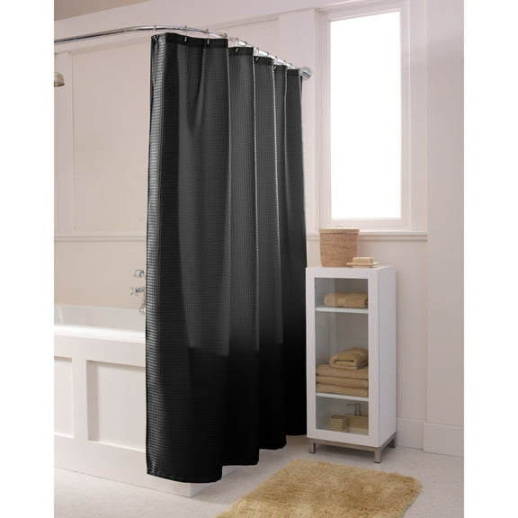 Maytex Textured Black Waffle Weave Fabric Shower Curtain