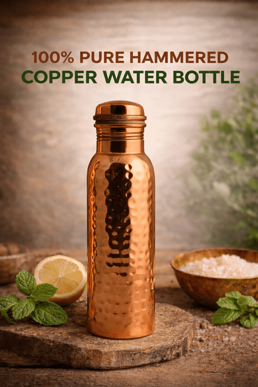 Mayur Exports 100% Pure Copper Water Bottle 1 Liter – Hammered Design, Leak Proof Cap, Ayurvedic Health Benefits, Reusable Metal Drinking Bottle for Home, Office & Travel