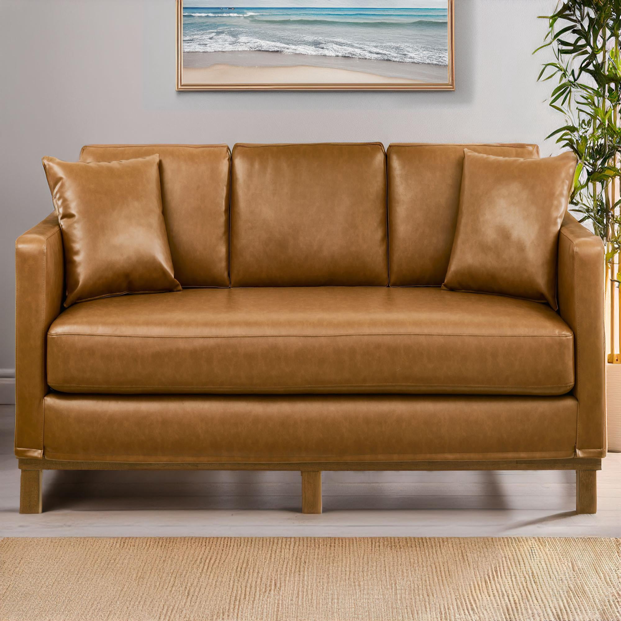 Mayview Barrett Upholstered Sofa with Wood Base, Faux Leather, Glossy Camel
