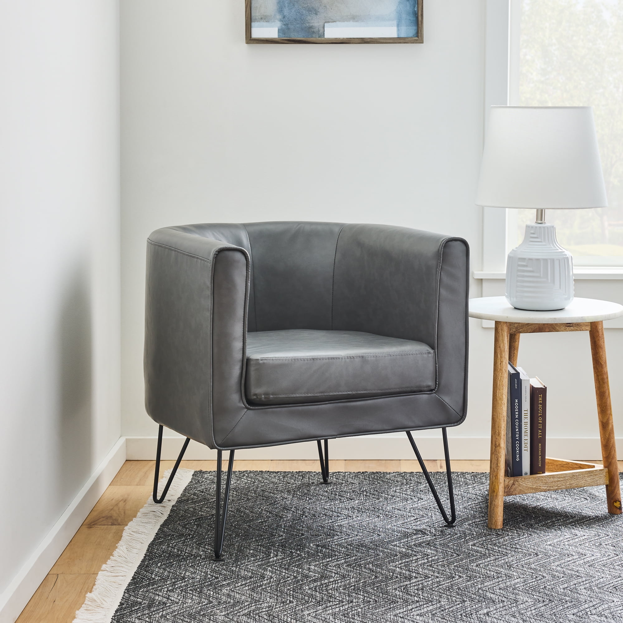 Mayview Bucket Chair with Hairpin Legs, Gray Faux Leather