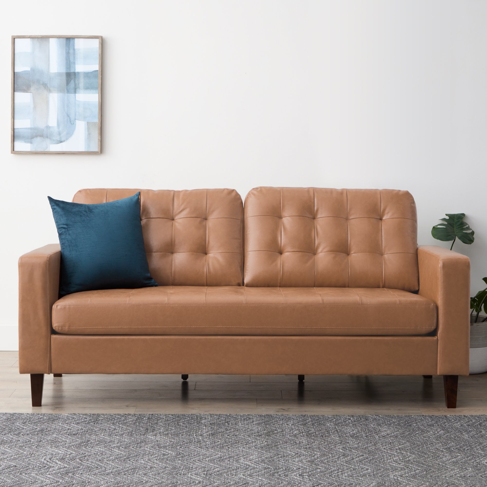 Mayview Carraway 76" Upholstered Sofa with Tufting, Camel Faux Leather