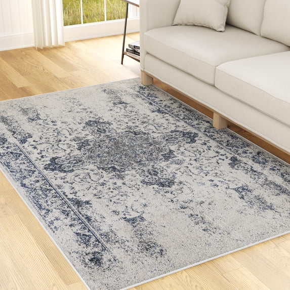 Mayview Mercia Vintage Cream and Blue Medallion Rug, 2.5' x 6' Runner