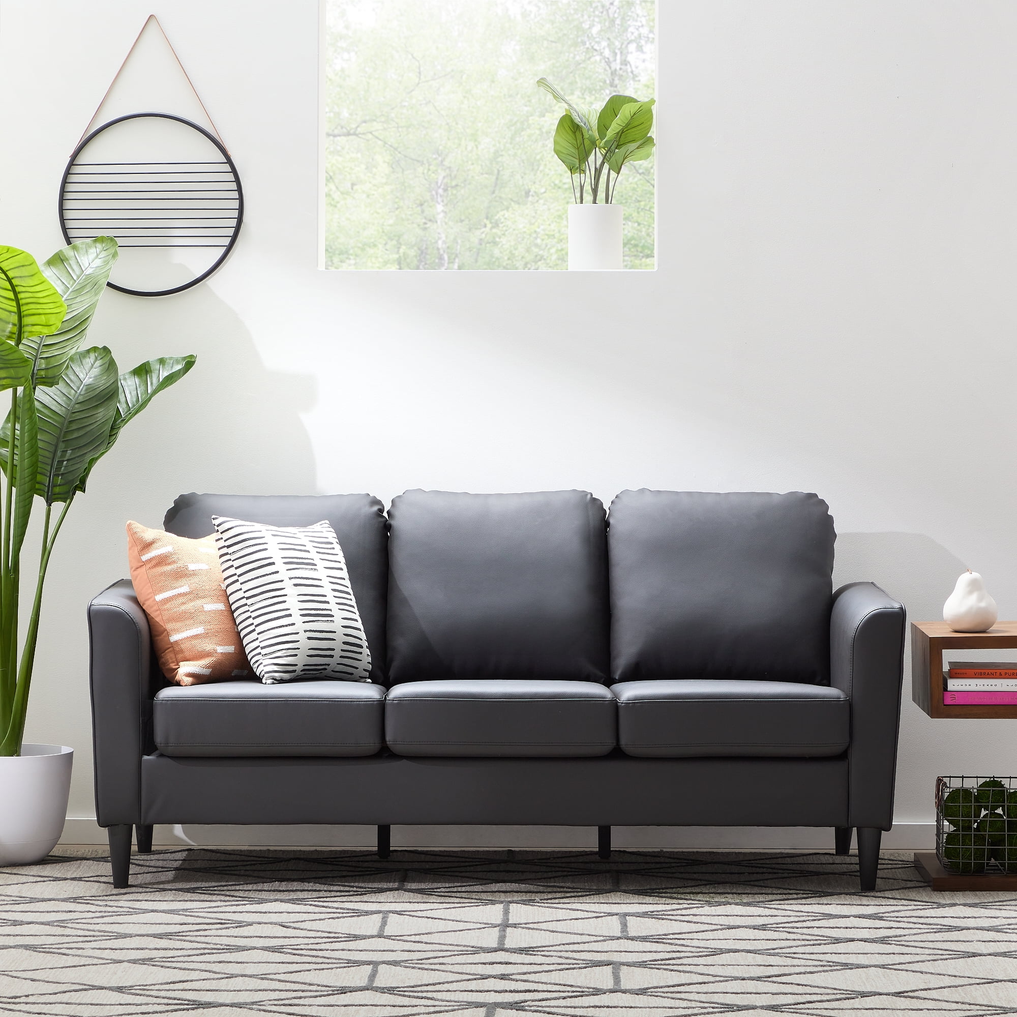 Mayview Ruthie 73" Upholstered Sofa, Black Faux Leather