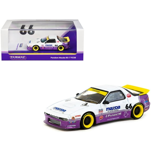 Mazda RX-7 FC3S Pandem RHD (Right Hand Drive) #66 White and Purple with Graphics "Hobby64" Series 1/64 Diecast Model Car by Tarmac Works