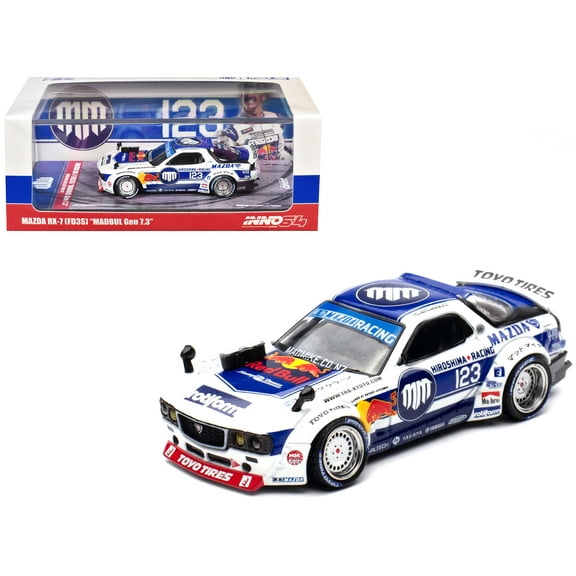 Mazda RX-7 (FD3S) RHD (Right Hand Drive) #123 "Pandem Rocket Bunny MADBUL Gen 7.3" White and Blue with Graphics "MadLab Collection 01" 1/64 Diecast Model Car by Inno Models