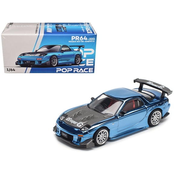 Mazda RX-7 RE-Amemiya Widebody RHD (Right Hand Drive) Blue Chrome with Carbon Hood 1/64 Diecast Model Car by Pop Race