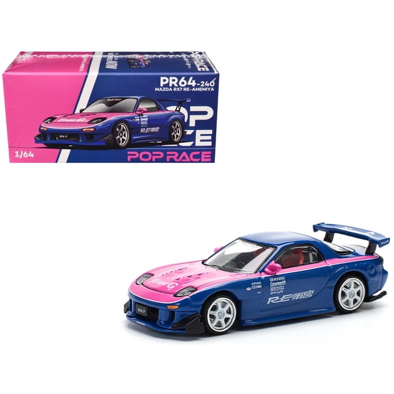 Mazda RX-7 RE-Amemiya Widebody RHD (Right Hand Drive) Blue with Pink Hood and Stripes 1/64 Diecast Model Car by Pop Race