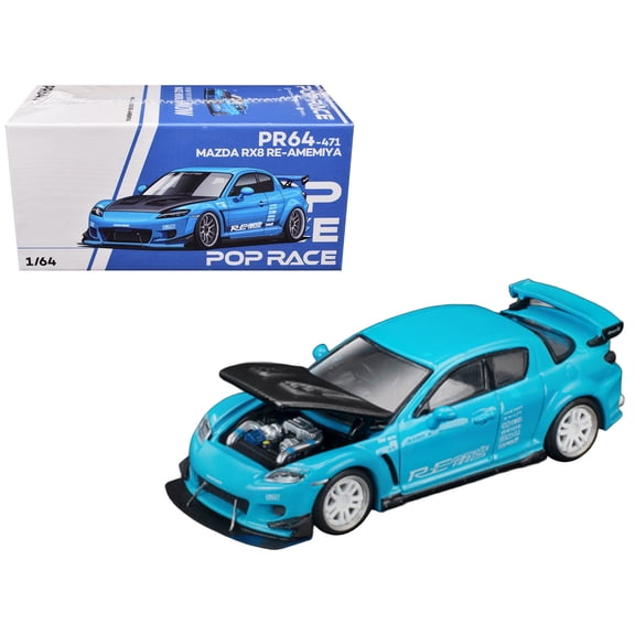 Mazda RX8 RE Amemiya RHD (Right Hand Drive) Light Blue with Carbon Hood "Tokyo Auto Salon 2026" 1/64 Diecast Model Car by Pop Race