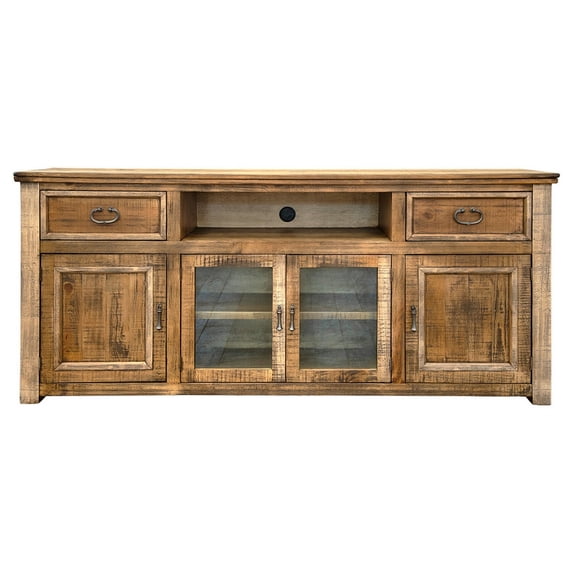 Maze 80 Inch TV Media Entertainment Console, Solid Pine Wood, Light Brown