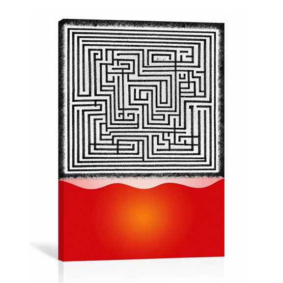 Maze Pattern Red Orange Wall Art Modern Abstract Canvas Print Black Labyrinth Gallery Wrapped Canvas Studio Decor 8"L x 12"W