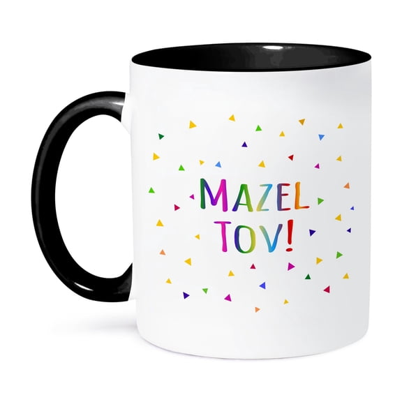 3dRose, Mazel Tov - Congratulations or happy birthday colorful rainbow text, 11oz Two-Tone Black Mug