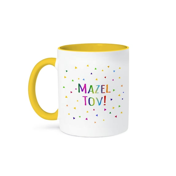 3dRose, Mazel Tov - Congratulations or happy birthday colorful rainbow text, 11oz Two-Tone Yellow Mug