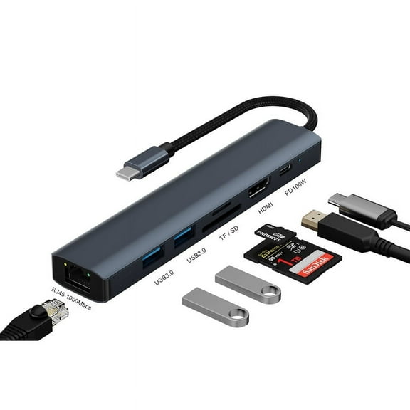 Mazepoly 7-in-1 USB Type C Hub for Laptop with HDMI 4K, 100W PD, SD/TF Card Slots Port, 1000Mbps RJ45 Ethernet, 2 USB 3.0 5Gbps Data for MacBook, iPad Pro, XPS