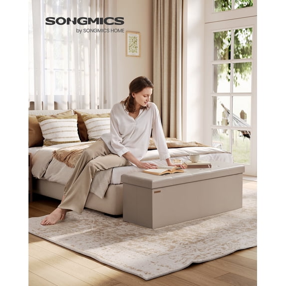 SONGMICS Mazie Collection - 43 Inches Folding Storage Ottoman Bench, Synthetic Leather, Heavy - Duty up to 660 lb Load, Multifunctional, Camel Brown